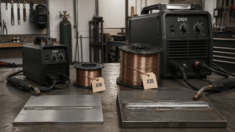 Visual comparison of .030 vs .035 MIG wire, showing differences in weld bead size, machine output, heat input, and common welding applications.