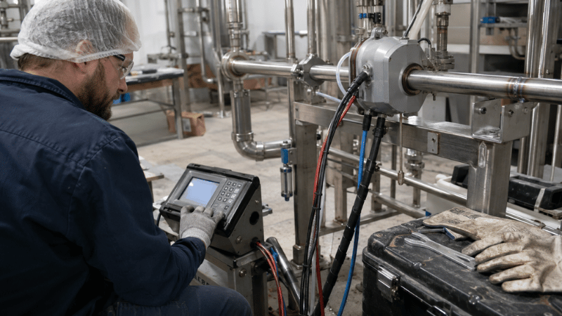 Technician using a 200 amp orbital welding power source and enclosed weld head on stainless steel tubing.