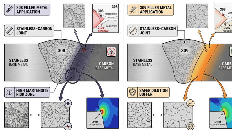 Comparison diagram of 309 and 308 filler metal performance in stainless steel to carbon steel welding showing martensite risk