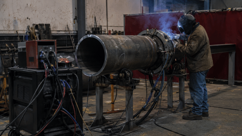 400 amp orbital welding power source operating an open weld head with filler wire on industrial pipe.