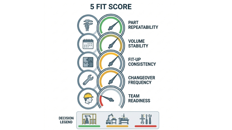 Five gauge-style cards representing part repeatability, volume stability, fit-up consistency, changeover frequency, and team readiness for selecting welding automation.