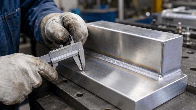 Technician inspecting a 6061-T6 aluminum TIG weld using a caliper in a real fabrication workshop.