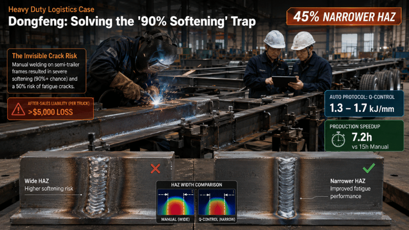 Infographic of 6061-T6 aluminum welding case study on semi-trailer frames: showing a 45% narrower Heat-Affected Zone (HAZ) using 1.3-1.7 kJ/mm Q-Control protocol, preventing $5,000 after-sales loss and reducing cycle time from 15h to 7.2h.