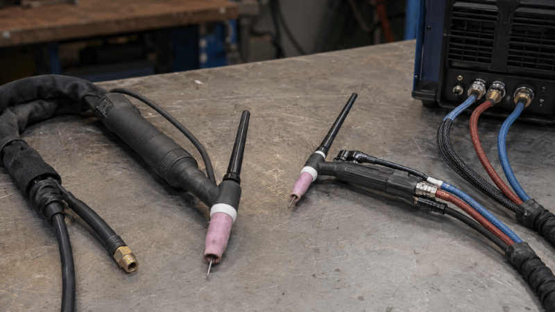 An air-cooled TIG torch compared with a compact water-cooled TIG torch and welding cooler.