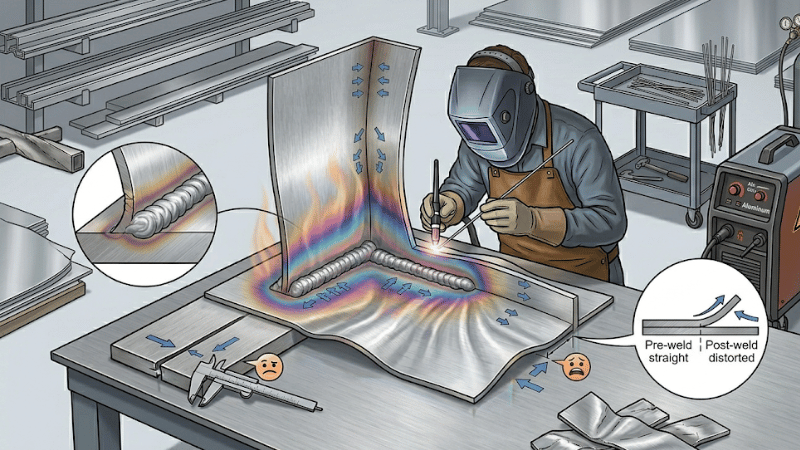 Illustration of aluminum welding distortion on thin sheet metal and lightweight structures caused by fast heat spread and warping