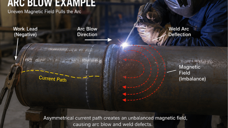 Annotated pipe welding image showing arc blow direction, magnetic field imbalance, current path, and work lead placement.