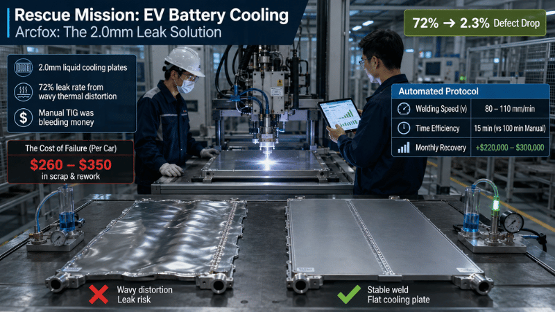 Industrial EV battery cooling plate welding comparison showing manual TIG with high 72% leak rate versus automated precision weld reducing defects to 2.3%, highlighting stable flat plates and improved production metrics.