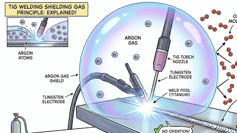 comic diagram showing argon shielding gas protecting titanium weld from oxygen contamination