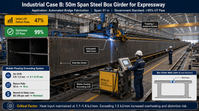 Realistic industrial case study showing automated welding on a 50m steel box girder for an expressway bridge, with data on LOF defect rate, UT pass rate, arc drift reduction, return path control, and rework loss reduction.