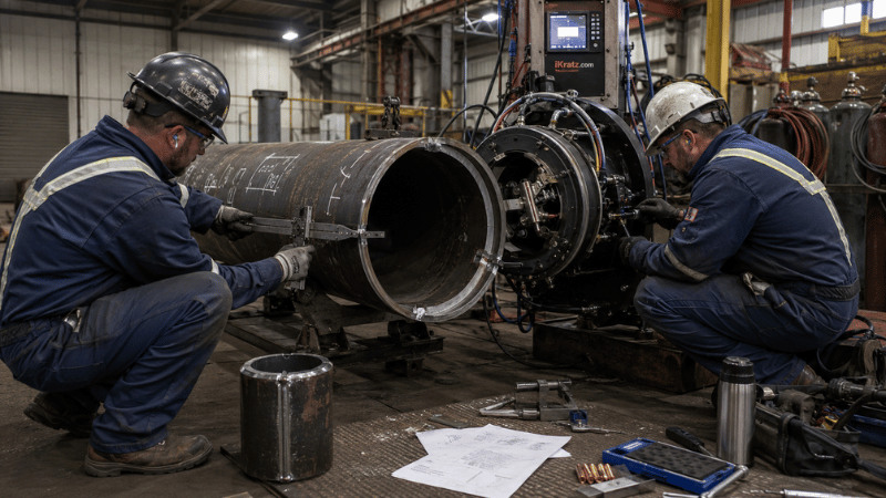 Technicians measuring pipe fit-up and validating an automatic orbital welding system before production