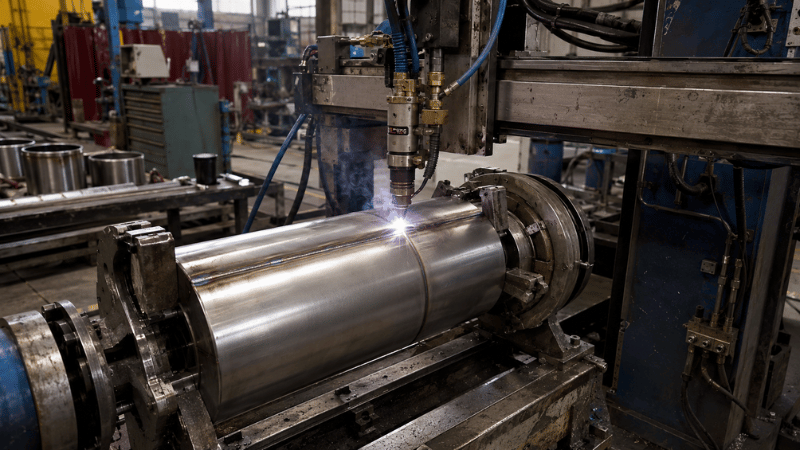 Automated plasma welding torch producing a longitudinal seam on a stainless steel cylinder.