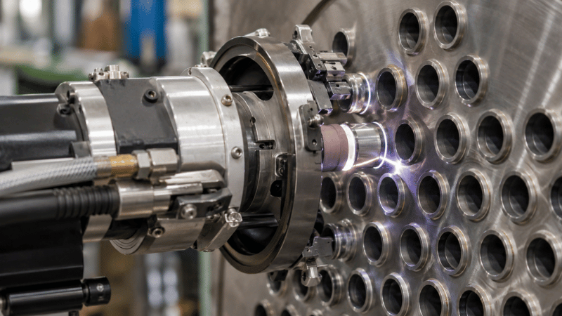 Orbital TIG welding head completing an automatic tube-to-tubesheet weld on a stainless steel tubesheet