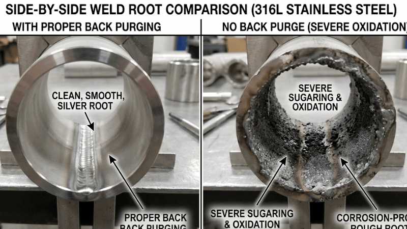 Side-by-side comparison of a clean silver stainless steel weld root with proper back purging and a sugared oxidized weld root caused by no back purge.
