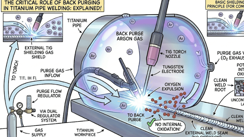 comic illustration of argon back purging inside titanium pipe during welding