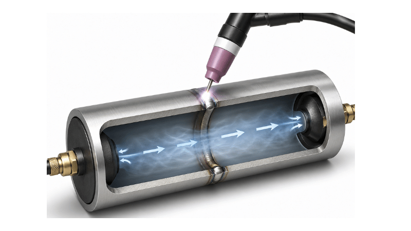 Cutaway illustration of back purging titanium tubing during TIG welding to protect the weld root

SEO Image Title:
