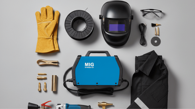 Top-down photorealistic flat lay of a beginner welding kit including welder, auto-darkening helmet, gloves, wire, consumables, grinder, respirator, and fire extinguisher.