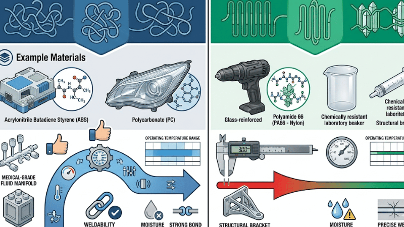 Comparison of amorphous and semi-crystalline plastics for ultrasonic welding including ABS PC PA66 and PP behavior