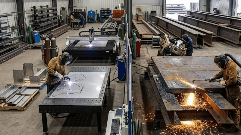 Industrial fabrication applications showing plasma cutting for precision work and oxy-fuel cutting for thick steel plate
