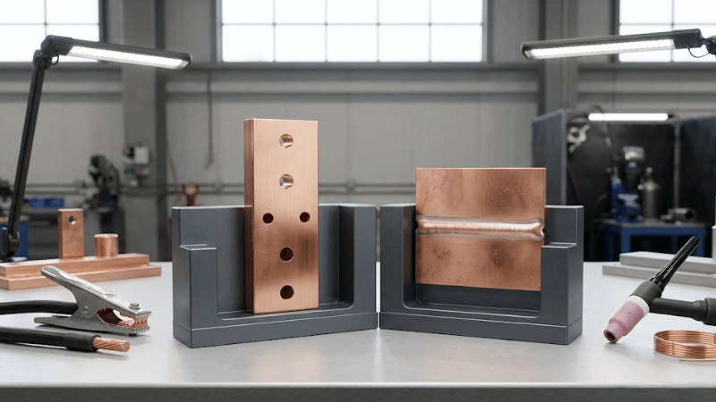 Comparison of C11000 and C12200 copper materials for welding, showing copper samples and fabrication context