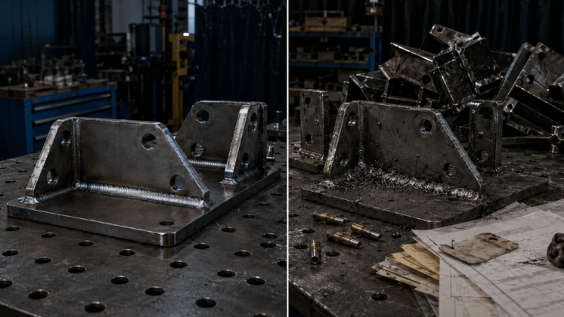 Side-by-side MIG weld comparison showing clean C25 welds and rough 100% CO2 welds with spatter, rejected parts, and cleanup costs.