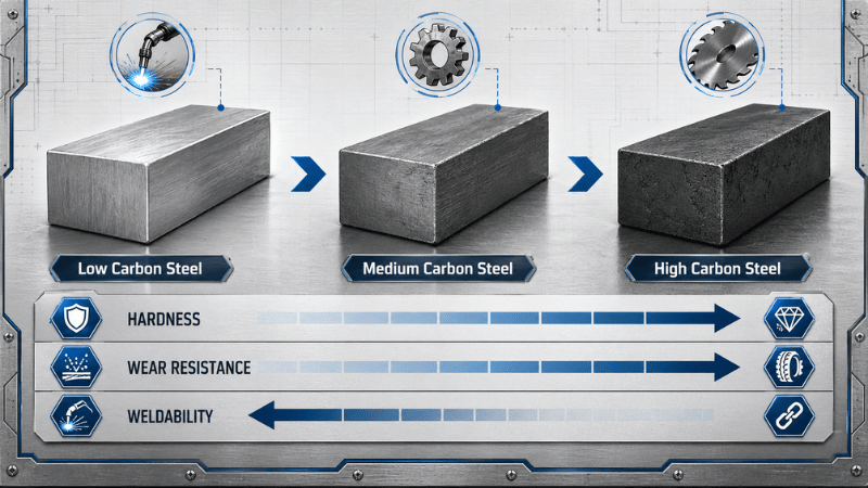 Diagram comparing carbon content, hardness, weldability, and wear resistance of low, medium, and high carbon steel.