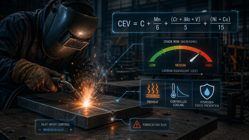 Carbon equivalent formula illustration showing how carbon content affects weldability and cold cracking risk in carbon steel.