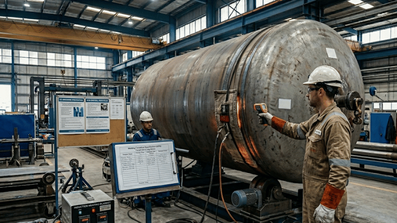 Engineer reviewing carbon equivalent and preheat requirements for thick plate pressure vessel welding to reduce hydrogen cracking risk