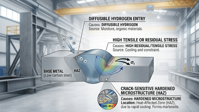 Technical illustration showing the three causes of hydrogen cracking in welding including diffusible hydrogen, residual stress, and crack-sensitive microstructure