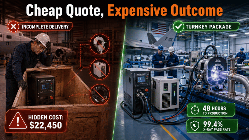Comparison of an incomplete orbital welding system with $22,450 in hidden costs and a complete iKratz turnkey package ready for production.