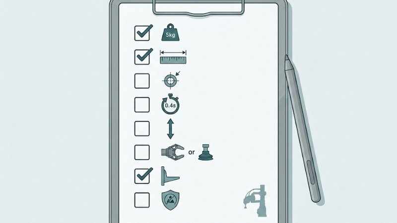 Illustration of an engineer-style checklist with icons for payload, reach, repeatability, cycle time, Z stroke, end-effector, mounting, and environment.