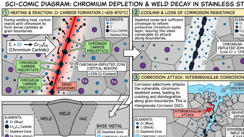 cartoon diagram showing chromium carbide formation and intergranular corrosion in stainless steel welding