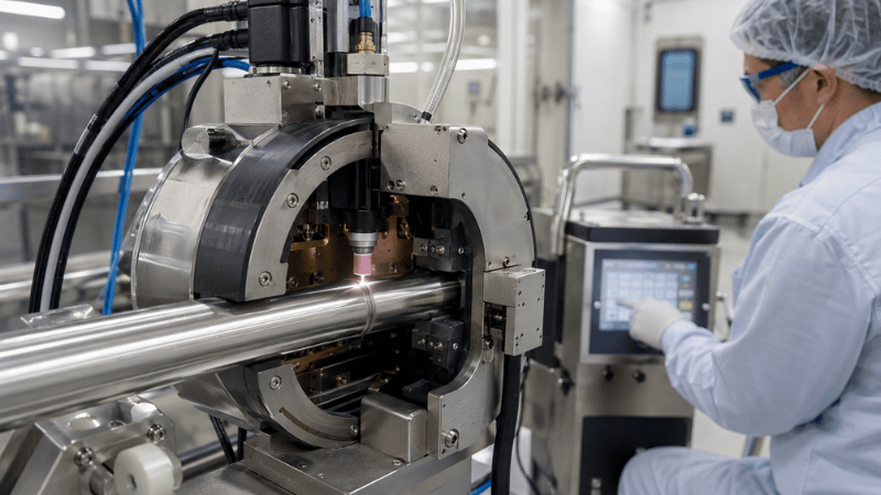 Closed orbital weld head performing fusion TIG welding on thin-wall stainless steel tubing