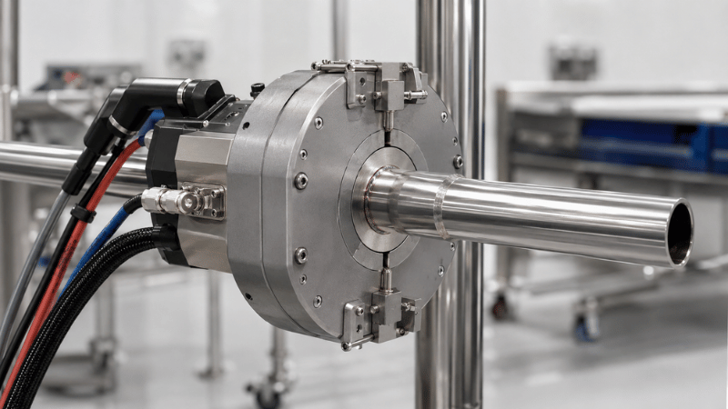Closed orbital TIG welding head clamped around sanitary stainless steel tubing