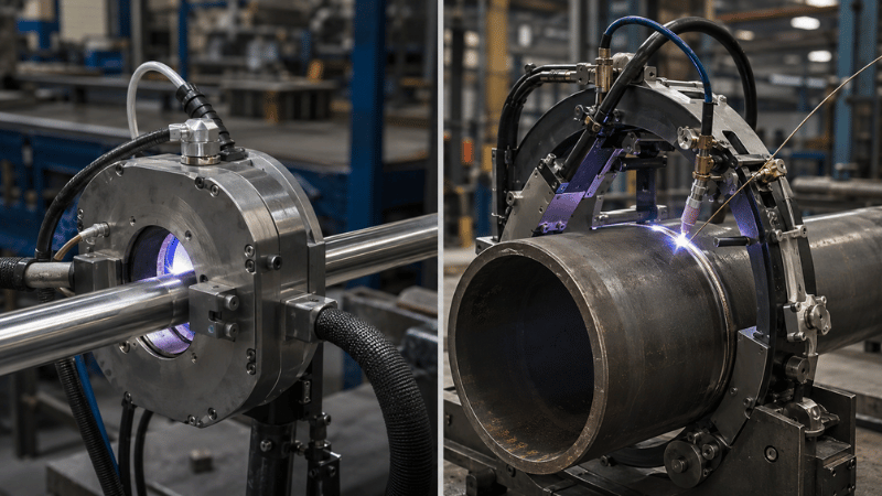 Closed weld heads suit thin-wall tubing, while open heads support larger pipes, filler wire, and multi-pass welding