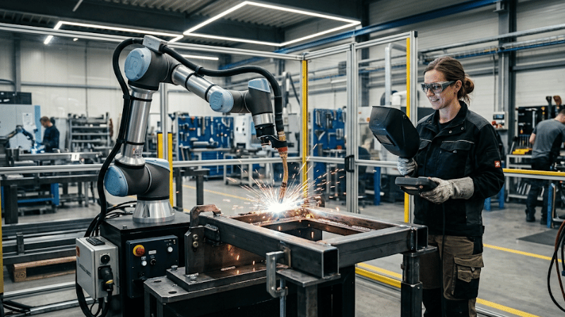 Cobot welding robot working alongside a human operator in a modern metal fabrication workshop