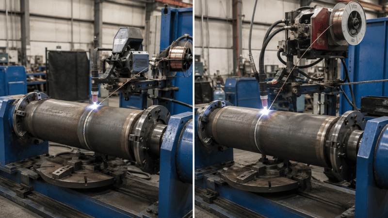 Cold-wire and hot-wire TIG cladding systems operating side by side