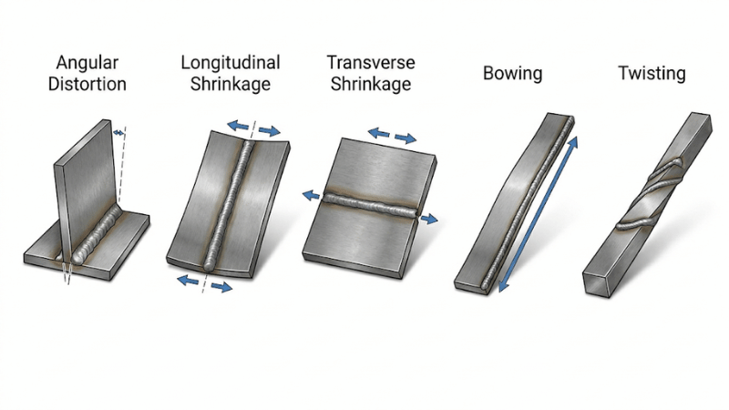 Technical illustration of common types of welding distortion including angular distortion, longitudinal shrinkage, transverse shrinkage, bowing, and twisting