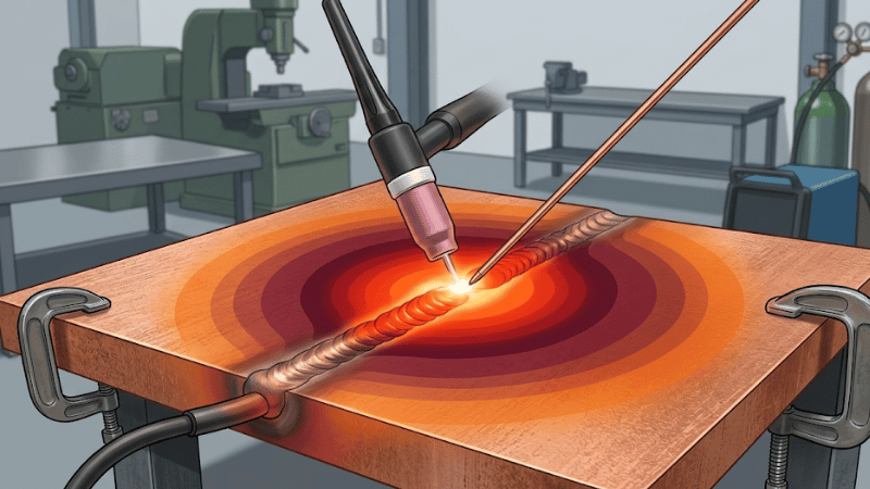 Illustration of copper heat sink effect during welding, showing heat rapidly spreading away from the weld joint