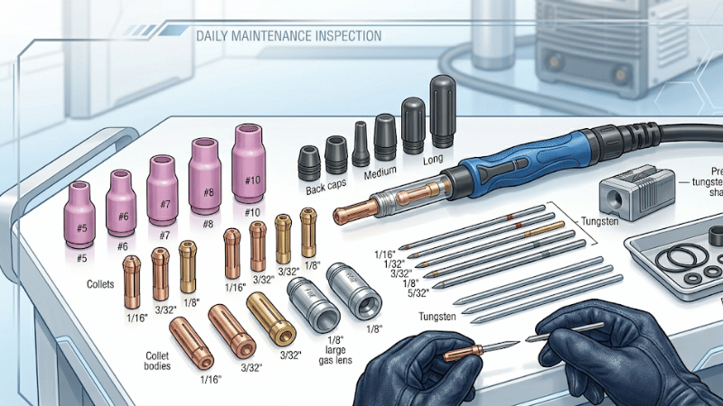 Close-up of TIG torch parts and tungsten electrode inspection on a clean industrial workbench