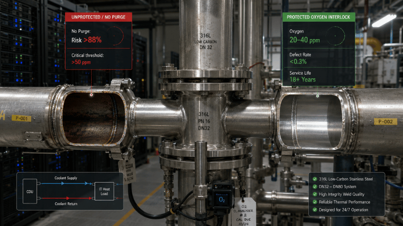 data center liquid cooling, stainless steel pipe, 316L stainless steel, oxygen interlock, weld inspection, industrial technician, piping system, project site photo, cooling infrastructure, industrial blog image