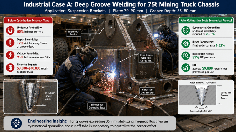 Realistic industrial welding case study showing deep groove welding on a 75t mining truck chassis suspension bracket, with before-and-after data on undercut reduction, symmetrical grounding, UT pass rate, and rework cost savings.
