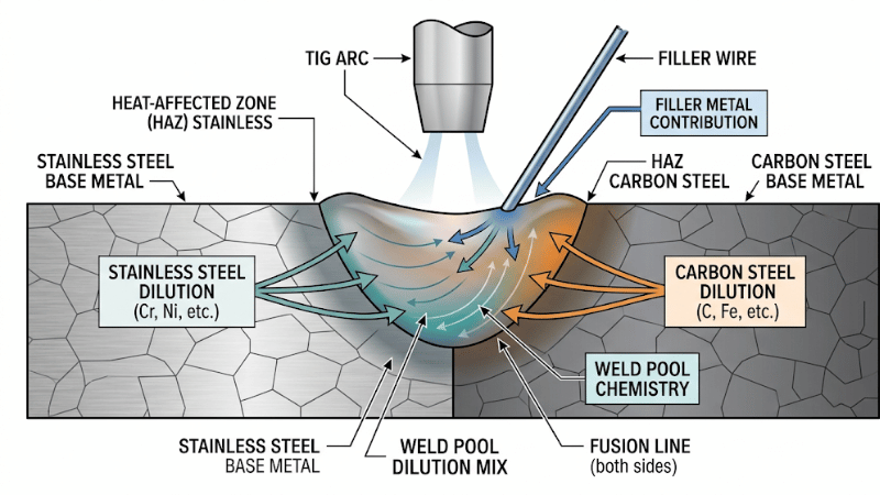Weld Dilution in Stainless Steel to Carbon Steel Welding