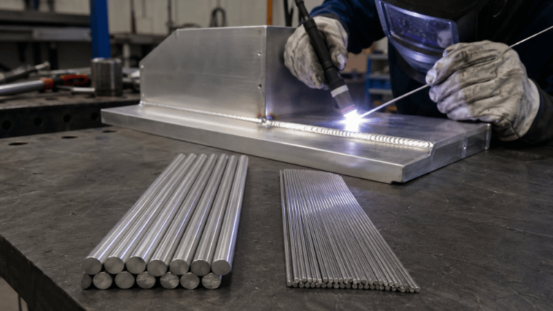 Comparison of ER4043 and ER5356 aluminum filler rods with a 6061-T6 TIG weld in a fabrication workshop.