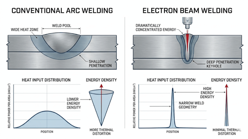 Technical illustration comparing electron beam welding energy density with conventional arc welding and showing deep keyhole penetration