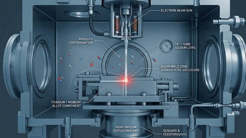 Illustration of electron beam welding in a vacuum chamber showing reduced oxygen and nitrogen exposure for titanium and reactive alloy welding