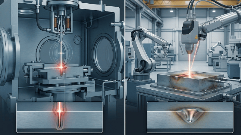 Side-by-side comparison of electron beam welding and laser welding showing penetration depth, weld profile, and production setup differences