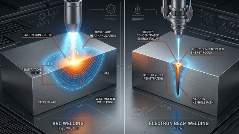 Technical illustration showing the energy density difference between arc welding and electron beam welding with broad heat input versus concentrated keyhole penetration