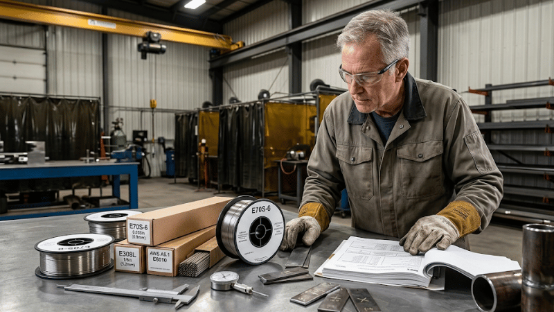 Welding engineer comparing filler wire and steel material requirements before selecting a welding consumable