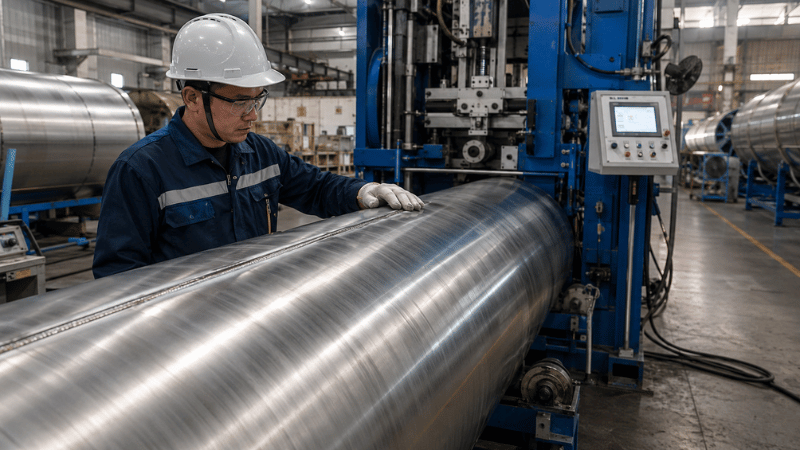 Technician inspecting a finished longitudinal weld on a stainless steel cylinder shell in a factory
