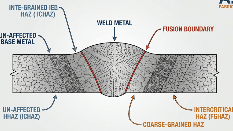 Weld cross-section diagram showing weld metal, fusion boundary, CGHAZ, FGHAZ, ICHAZ, and base metal